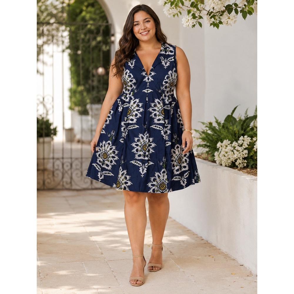 Wayward Fancies eShakti Dress Aprx 1x Navy Blue Floral Damask Sleeveless Midi